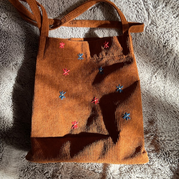 Hand embroidered corduroy tote bag