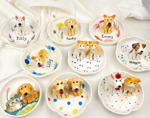 Custom Pet Ring Dish with 3D Figurine | Handmade Ceramic Jewelry Dish | Personalized Dog Cat Dish | Pet Memorial Gift | Pet Lover Gift