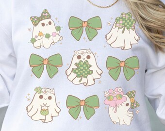 St.Patricks Ghost Coquette Bögen PNG, Girly Irish Ghosts Digital Download, Mädchen Halloween Paddys Day Printable, Saint Spooky Sublimation