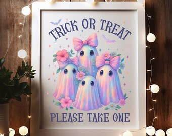 Halloween Süßigkeit Zeichen Süßes oder Saures druckbare, Spaß schillernde Geister Veranda Tür digitaler Download, 8 x 10 Bitte nehmen Sie einen niedlichen Girly Instant
