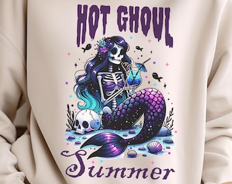 Hot Ghoul Sommer PNG, niedlicher Summerween digitaler Download, Skelett Mermaid Beach Printable, Herbst gruselige Saison Haunt Girl Sublimation