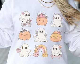 Fantasmi carini di Halloween in formato PNG, Download digitale di Halloween per ragazze, Stampabile di Halloween per ragazze rosa e arancioni, Sublimazione della stagione spettrale autunnale