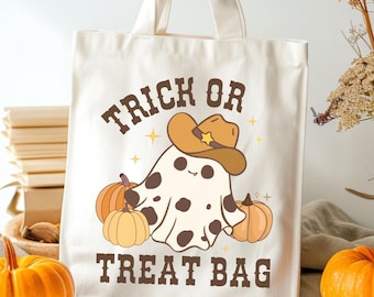 Sacchetto di dolcetto o scherzetto in formato SVG PNG, Fantasma cowboy per bambini, Sacchetto di caramelle di Halloween con download digitale, File di sublimazione per sacchetto di dolcetti stampabile con fantasma western