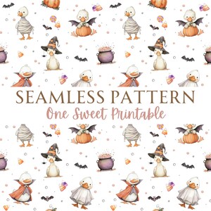 May include: Seamless pattern featuring whimsical Halloween ducks dressed as a mummy, vampire, witch, and bat. The ducks are sitting on pumpkins and surrounded by candy corn, bats, and a cauldron. The text "SEAMLESS PATTERN One Sweet Printable" is displayed.