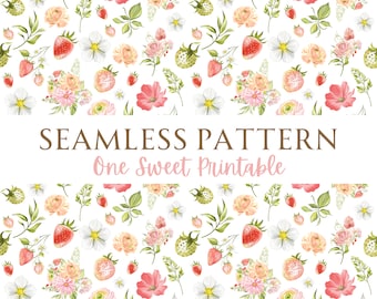 Printable Strawberries and Flowers Seamless Pattern Design File For Sublimation Printing, Strawberry Instant Download, Summer Berry PNG