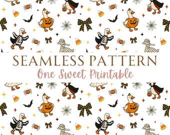 Halloween Gans Nahtloses Muster, Gruseliger Herbst Designdatei für den Sublimationsdruck, Sofortiger Download der niedlichen Ente, Kokette Schleife PNG JPG
