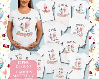 Revelación de género imprimible en formato PNG, descarga digital de camiseta a juego de mamá y papá de la primicia para sublimación, helado instantáneo para bebé