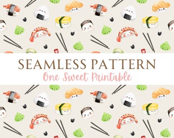 Printable Cute Sushi Seamless Pattern Design File For Sublimation Printing, watercolor Happy Sushi Instant Download, Sushi Roll PNG