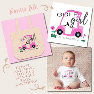 May include: A pink golf cart with the text "GOLF girl IN TRAINING" on a white tote bag, a white onesie, and a white background.