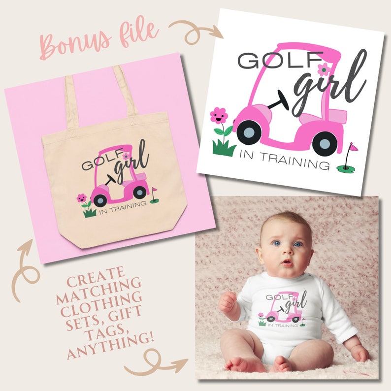 May include: A pink golf cart with the text "GOLF girl IN TRAINING" on a white tote bag, a white onesie, and a white background.
