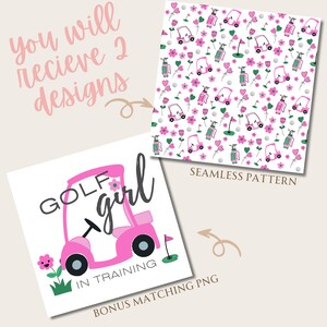 May include: A pink golf cart with the text "GOLF girl" and "IN TRAINING" on a white background. A seamless pattern with pink golf carts, golf clubs, flowers, and hearts on a white background.