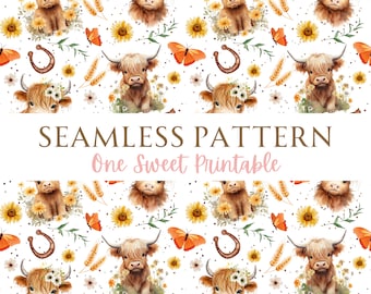 Printable Highland Cows Seamless Pattern Design File For Sublimation Printing, Seamless Cowboy Instant Download, Western Cows Digital PNG