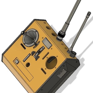 May include: A tan and gray rectangular device with two silver antennas. The device has various buttons, dials, and rectangular panels. The design appears to be a control panel or a piece of electronic equipment.