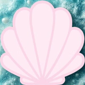 May include: A light pink seashell illustration with a detailed fan-like design. The seashell is set against a textured, light blue background with white bubbles, creating a marine theme.