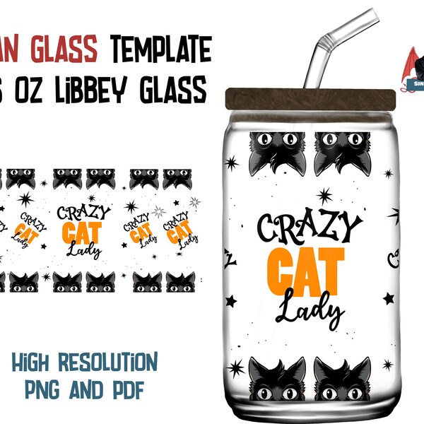 Crazy Cat Lady, Halloween • 16oz Glass Can PNG PDF Files Digital Download | Cat Lover Libbey design Inactive