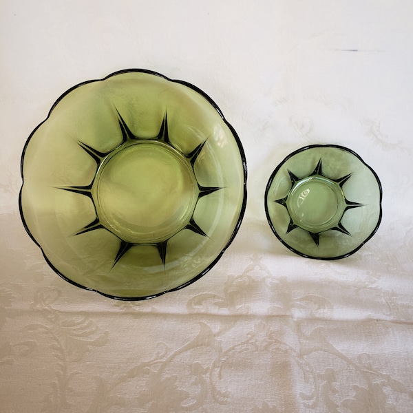 Vintage glassware set, Avocado Green Glass Bowls, Bowl set, 2 Green Glass 1980s Glassware