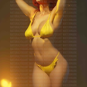 May include: A woman wearing a yellow bikini top and bottom. The bikini top has a halter style and the bottom has a ruffled edge. The woman is standing in water and the background is blurred.