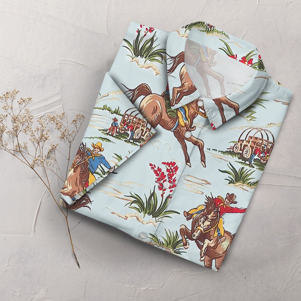 Cowboy Hawaiian Shirt Floral Cowboy Riding Horse Button Down Shirt