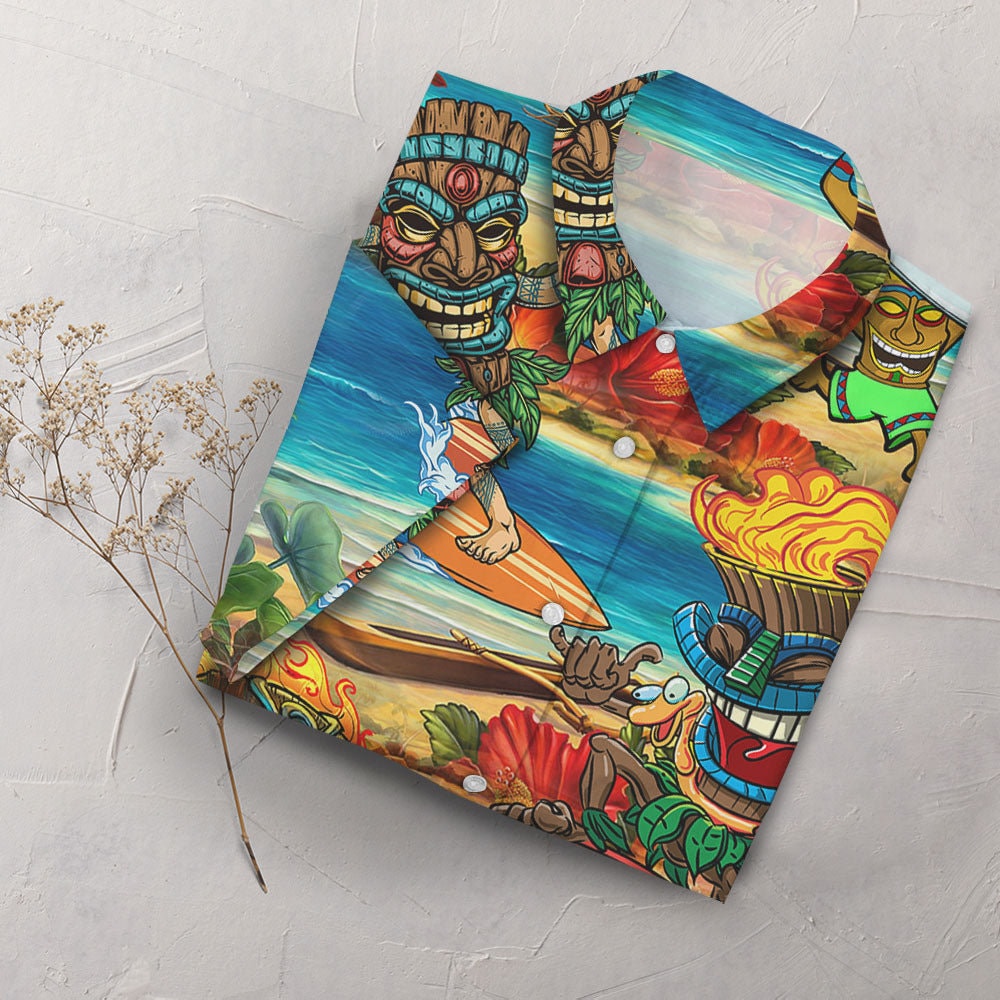 Surfing Tiki Mask Hawaiian Tropical Hawaii Button Down Long Sleeve Shirt