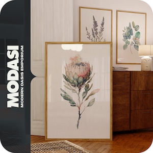 Pink Protea Watercolor Printable Botanical Wall Art Downloadable BOHO Farmhouse Cottagecore Modern Home Decor | MODASI PRINT 0144