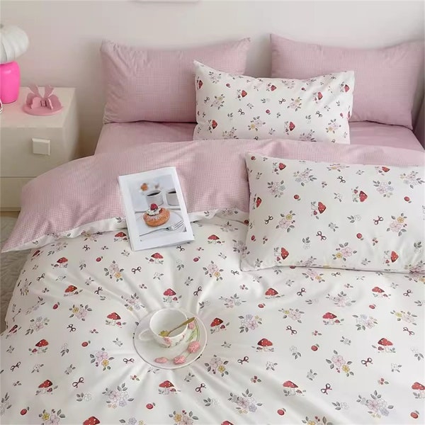 Mushroom Patterns Pink Duvet Cover Cotton Duvet Cover Cotton Handmade Bedding Skin-friendly Duvet Cover Twin/Full/Queen/King Pillowcase