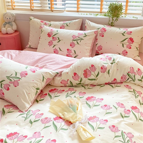 Tulip Pink Duvet Cover Handmade Bedding Set Skin-friendly 100% Cotton Duvet Cover Pillowcase Twin/Full/Queen/King Floral Boho Duvet Cover