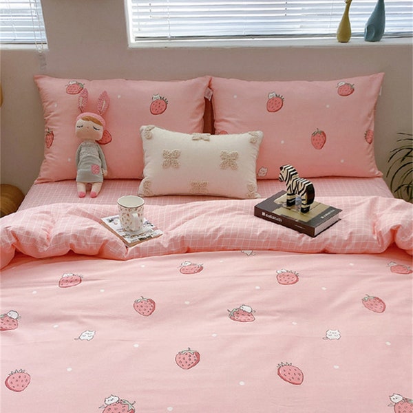 Strawberry Pink Duvet Cover Handmade Bedding Set Skin-friendly 100% Cotton Duvet Cover Pillowcase Twin/Full/Queen/King Boho Duvet Cover