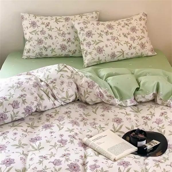 Boho Floral Green Duvet cover Cotton Duvet Cover Cotton Handmade Bedding Skin-friendly Duvet Cover Twin/Full/Queen/King Pillowcase