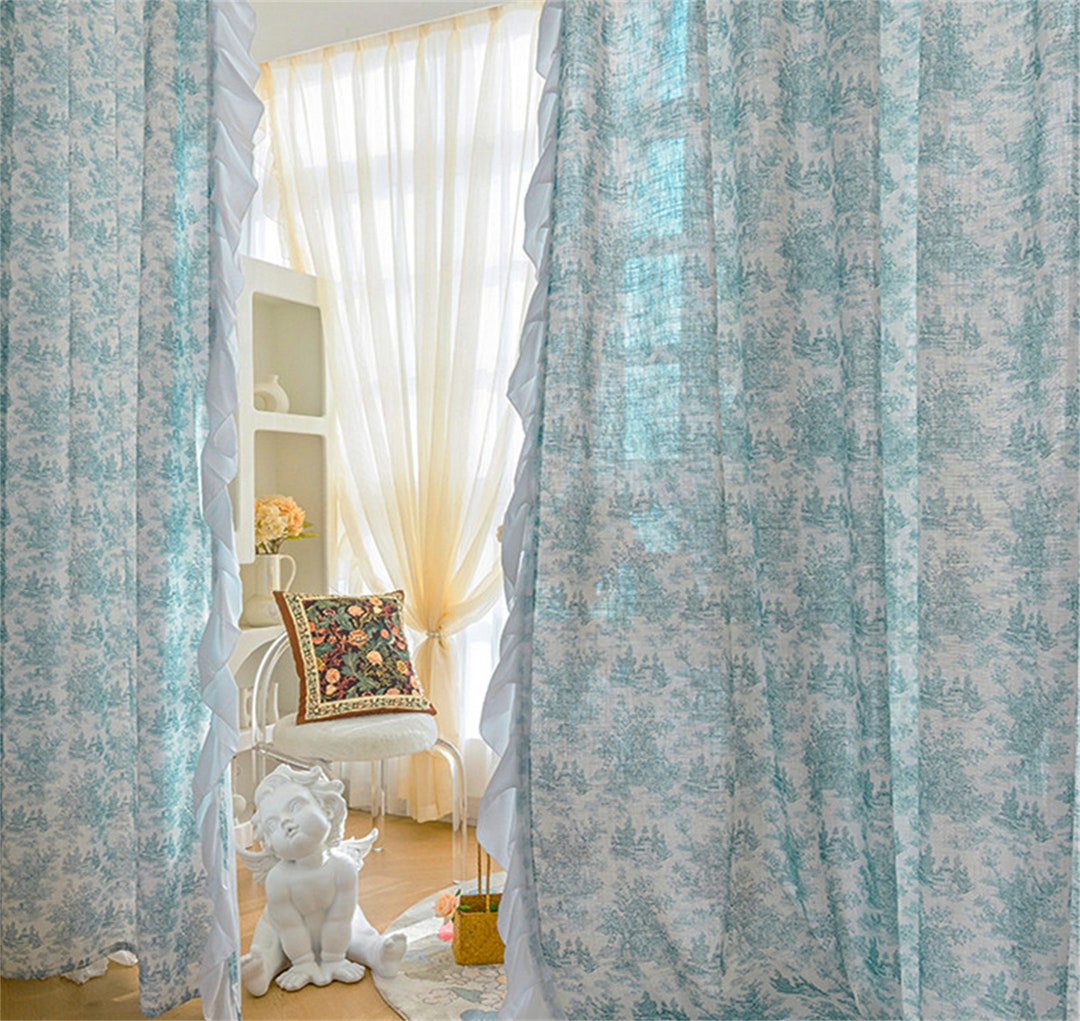 Retro Blue Linen Curtains Farmhouse Shabby Chic Curtains Boho Etsy