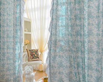 Retro Blue Linen Curtains Farmhouse Shabby Chic Curtains Boho Custom Curtains Living room Curtains Bedroom Curtains Balcony Vintage Curtains