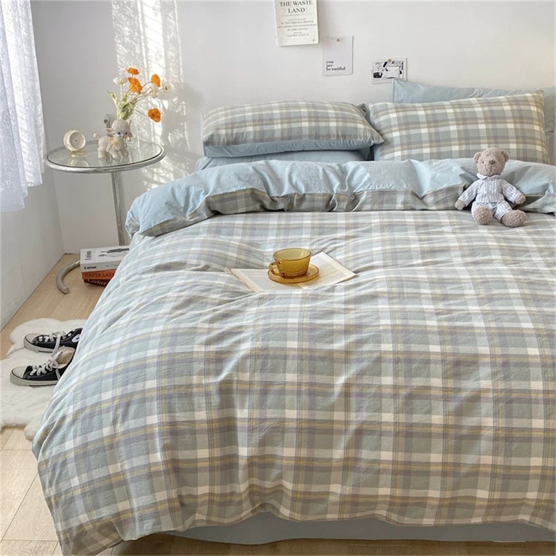 100 Cotton Blue Plaid Duvet Cover Minimalist Bedding Set Duvet Cover