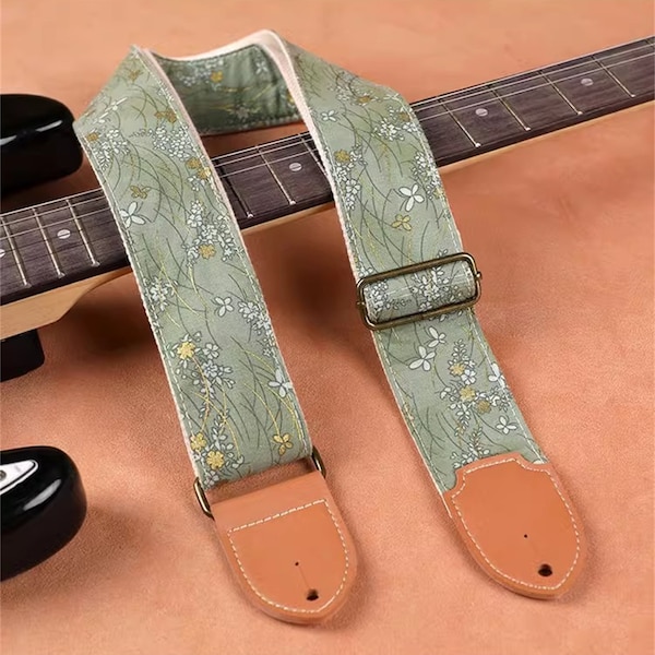 Green Flower Guitar Strap Handmade Guitar Strap Electric Guitar Strap Player Gift Adjustable Bass Strap Gifts For Her Flamenco guitar Strap