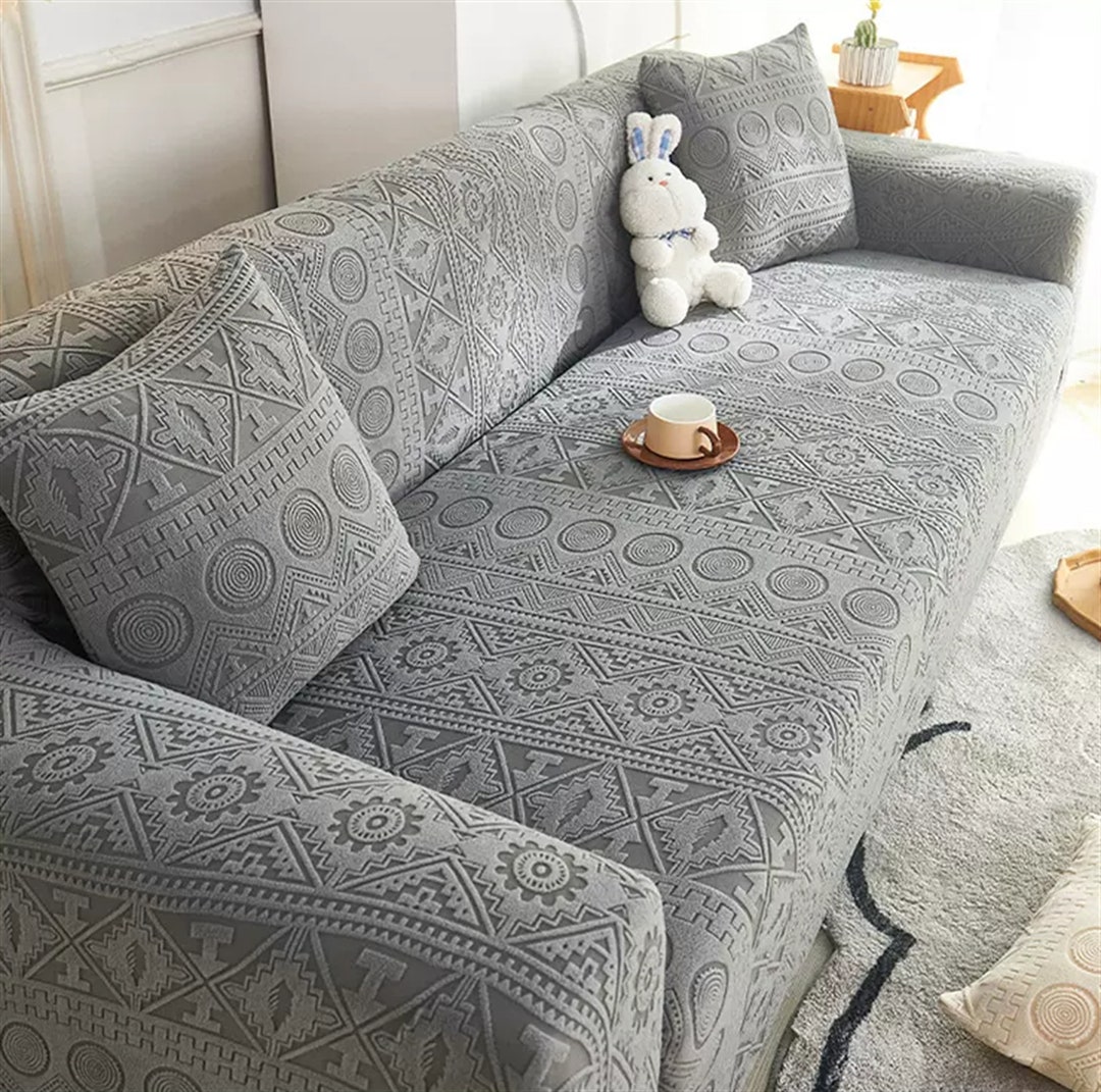 Bohemian Soft Fit Sofa Cover Beige Stretchy Cushion Cover Green Fitted