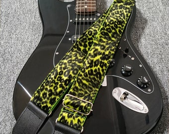 Plush Green leopard print Guitar Straps Handmade Guitar Straps Leather Electric Guitar Strap Guitar Player Gift Adjustable Bass Guitar Strap