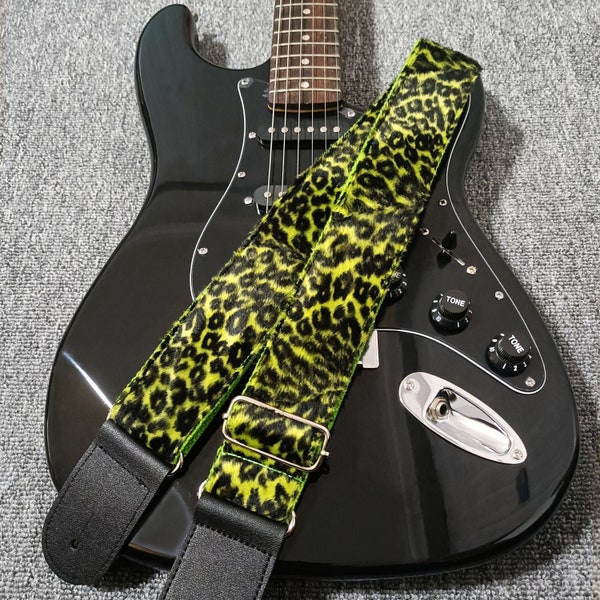 Plush Green leopard print Guitar Straps Handmade Guitar Straps Leather Electric Guitar Strap Guitar Player Gift Adjustable Bass Guitar Strap