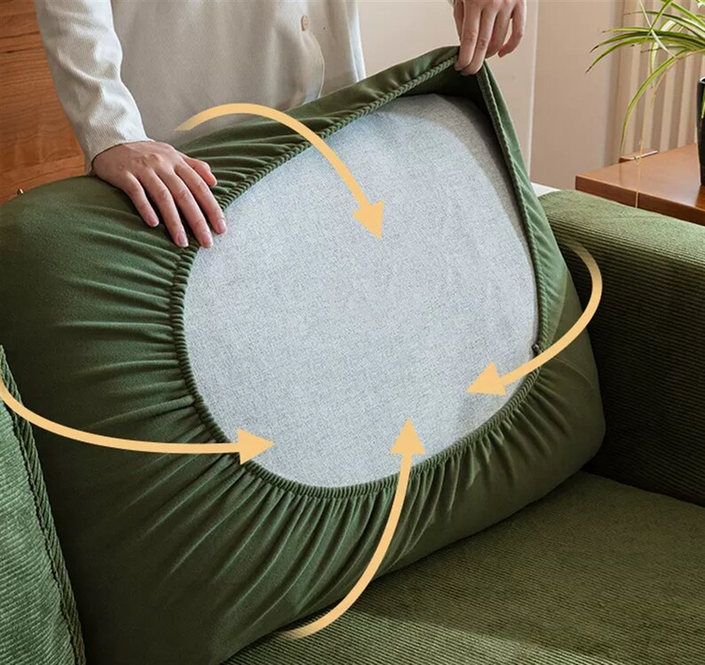 Green Chenille Fitted Sofa Cover Stretchy Cushion Cover Beige Etsy UK