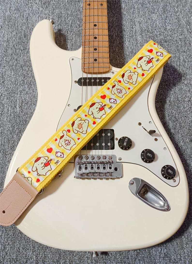 Cute Dogs Pattern Yellow Guitar Strap Handmade Guitar Strap Electric Guitar Strap Guitar Player Gift Adjustable Bass Strap Gift For Her zdjęcie 5