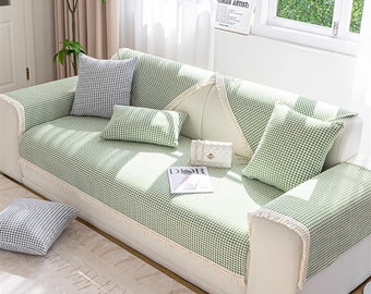 Minimalist Plaid Green Sofa cover Couch Slipcover Soft Linen Sofa Cover Sofa Throw Sofa Protector Khaki Non-Slip Slipcover Gray Sofa cover