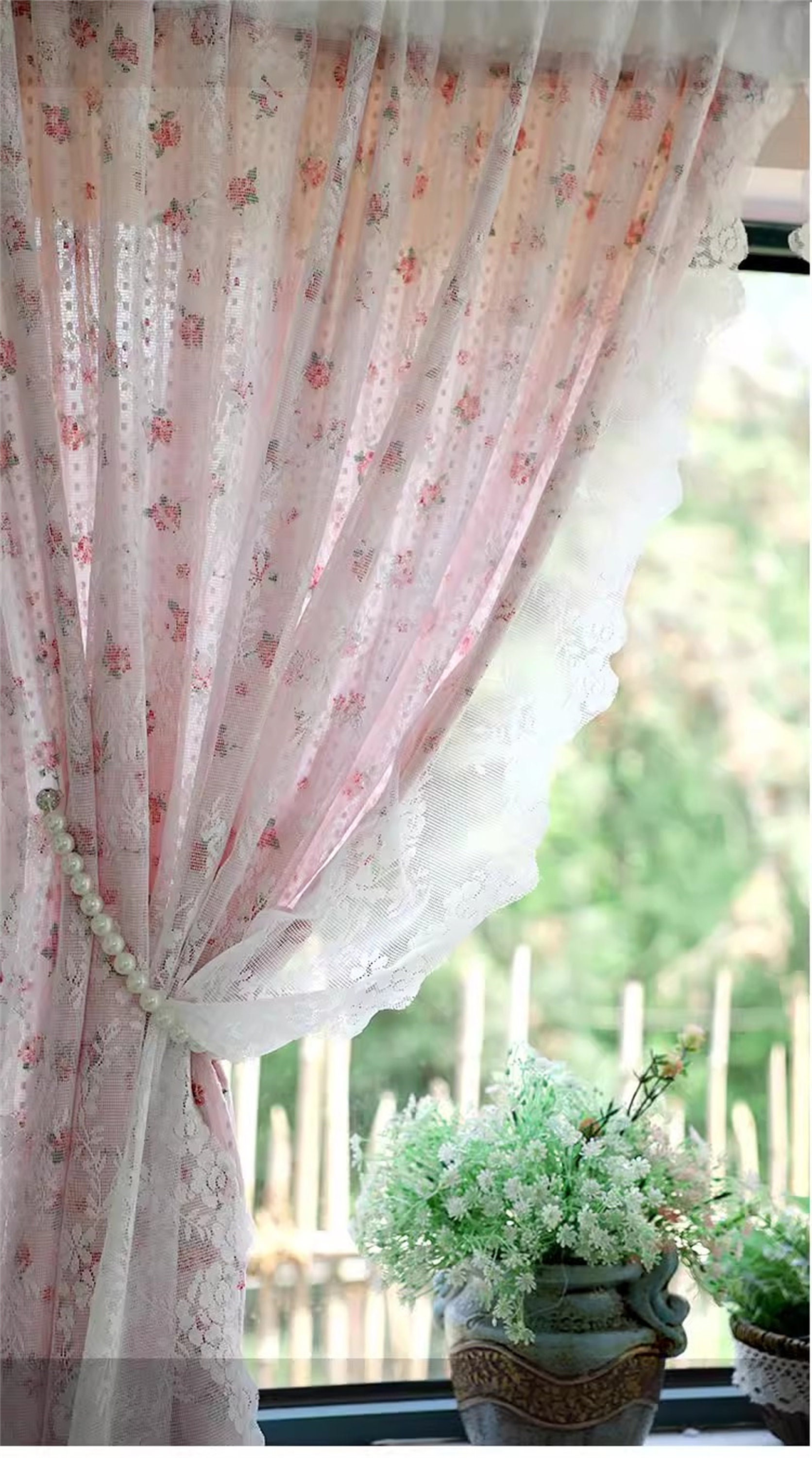 Double Layers Floral Patterns Curtains Ruffled Curtains Etsy Portugal