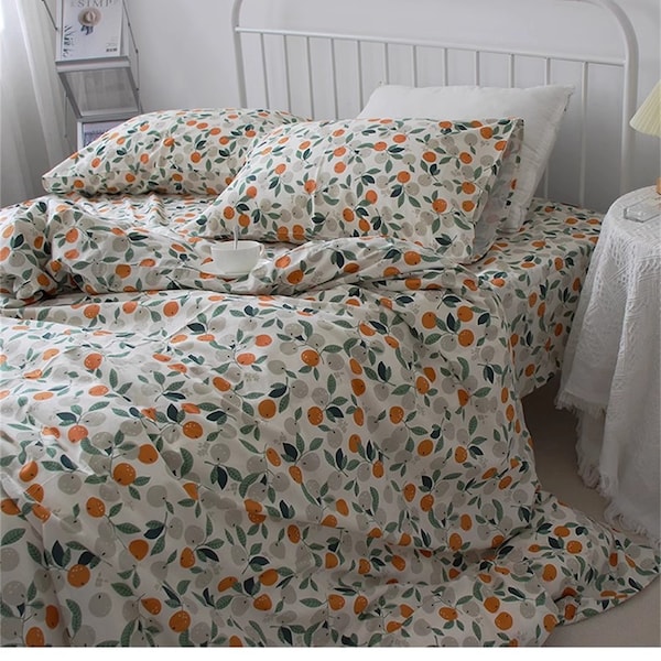 Fruit Patterns Duvet Cover Cotton Handmade Bedding Set Skin-friendly Duvet Cover Pillowcase Twin/Full/Queen/King Orange Boho Duvet Covers