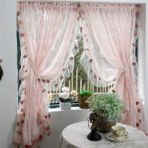 Strawberry Sequins Ruffled Curtains Farmhouse Style Shabby Chic Curtains Rustic Floral Curtains Lace Curtains Boho Home Decoration Curtains