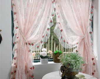 Strawberry Sequins Ruffled Curtains Farmhouse Style Shabby Chic Curtains Rustic Floral Curtains Lace Curtains Boho Home Decoration Curtains