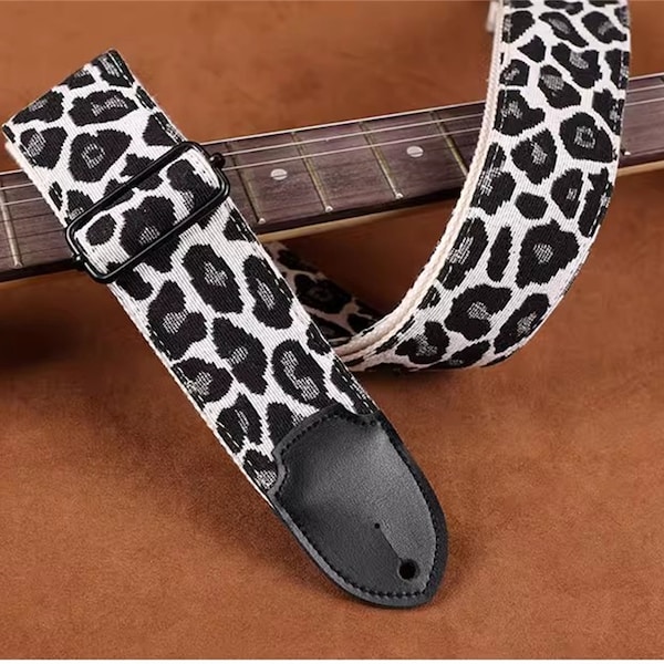 Black leopard Guitar Strap Handmade Guitar Strap Electric Guitar Strap Player Gift Adjustable Bass Strap Gift For Her Flamenco Guitar Strap