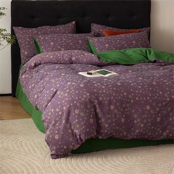 Funda nórdica floral de color morado oscuro Funda nórdica vintage de algodón Ropa de cama hecha a mano Funda nórdica amigable para la piel Funda de almohada doble / matrimonial / queen / king