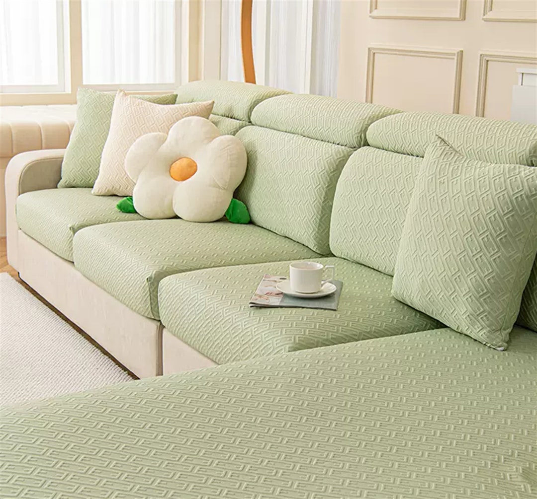 Green Soft Fit Sofa Cover Beige Stretchy Cushion Cover Green Fitted