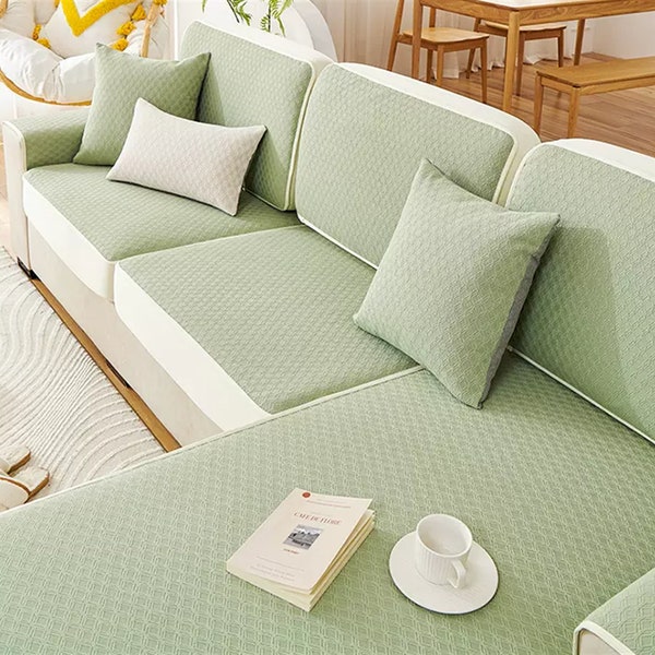 Green Chenille Fitted Sofa cover Stretchy Cushion Cover Beige Fitted Sofa cover Chenille Sofa Cover Pets Sofa Protector Non-Slip Slipcovers