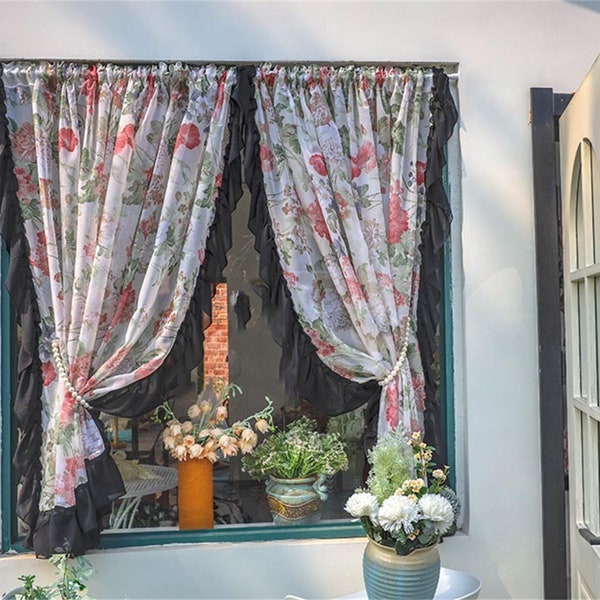 Retro Floral Ruffled Curtains Farmhouse Style Shabby Chic Curtains Rustic Floral Curtains Lace Curtains Boho Home Fairy Decoration Curtains