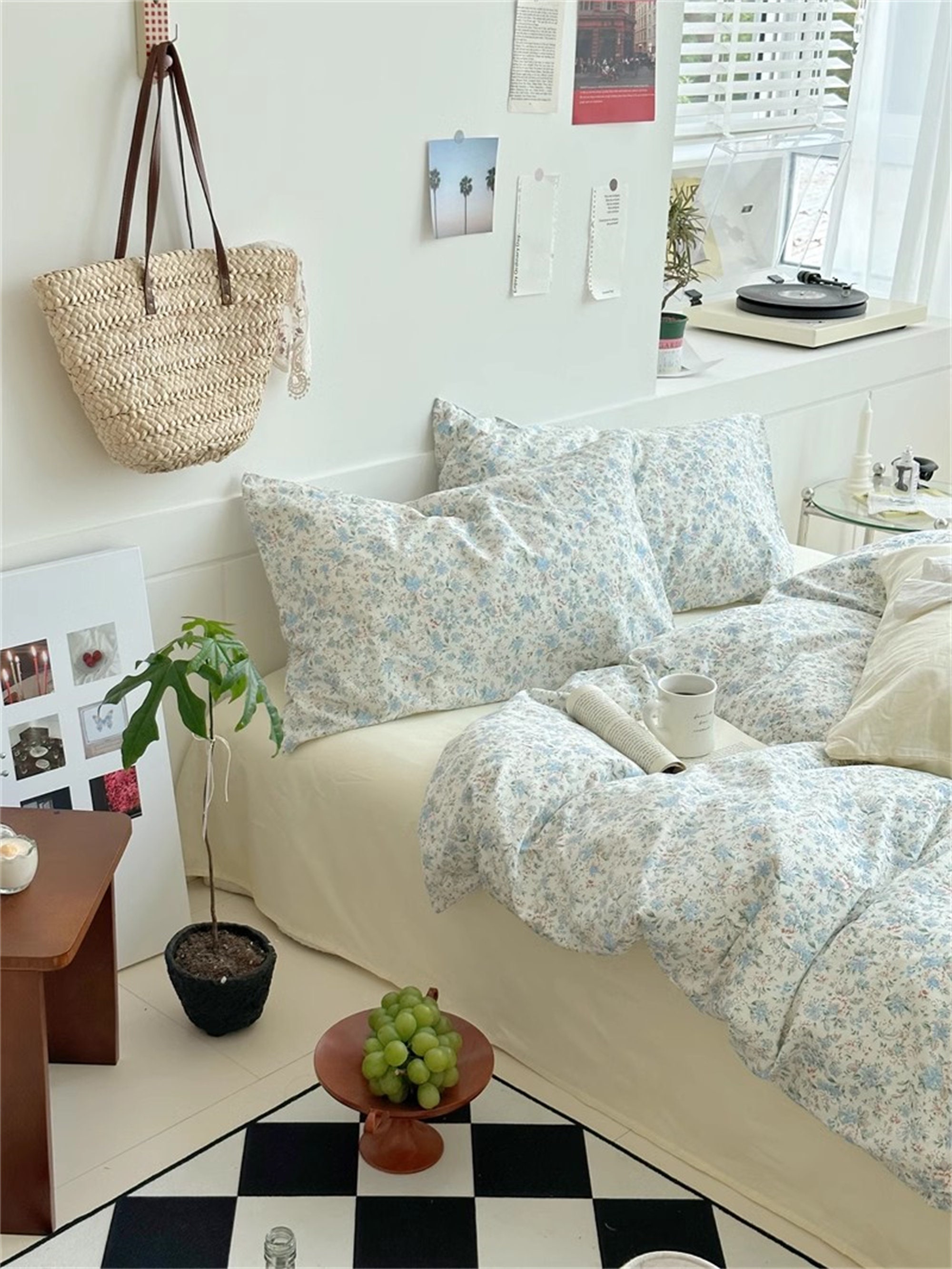 4PC Blue Floral Duvet Cover Light Yellow Sheet Cotton Handmade Etsy