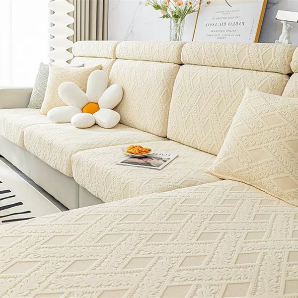 Beige Plaid Soft Fit Sofa cover Beige Stretchy Cushion Cover Green Fitted Sofa cover Chenille Sofa Cover Sofa Protector Non-Slip Slipcover