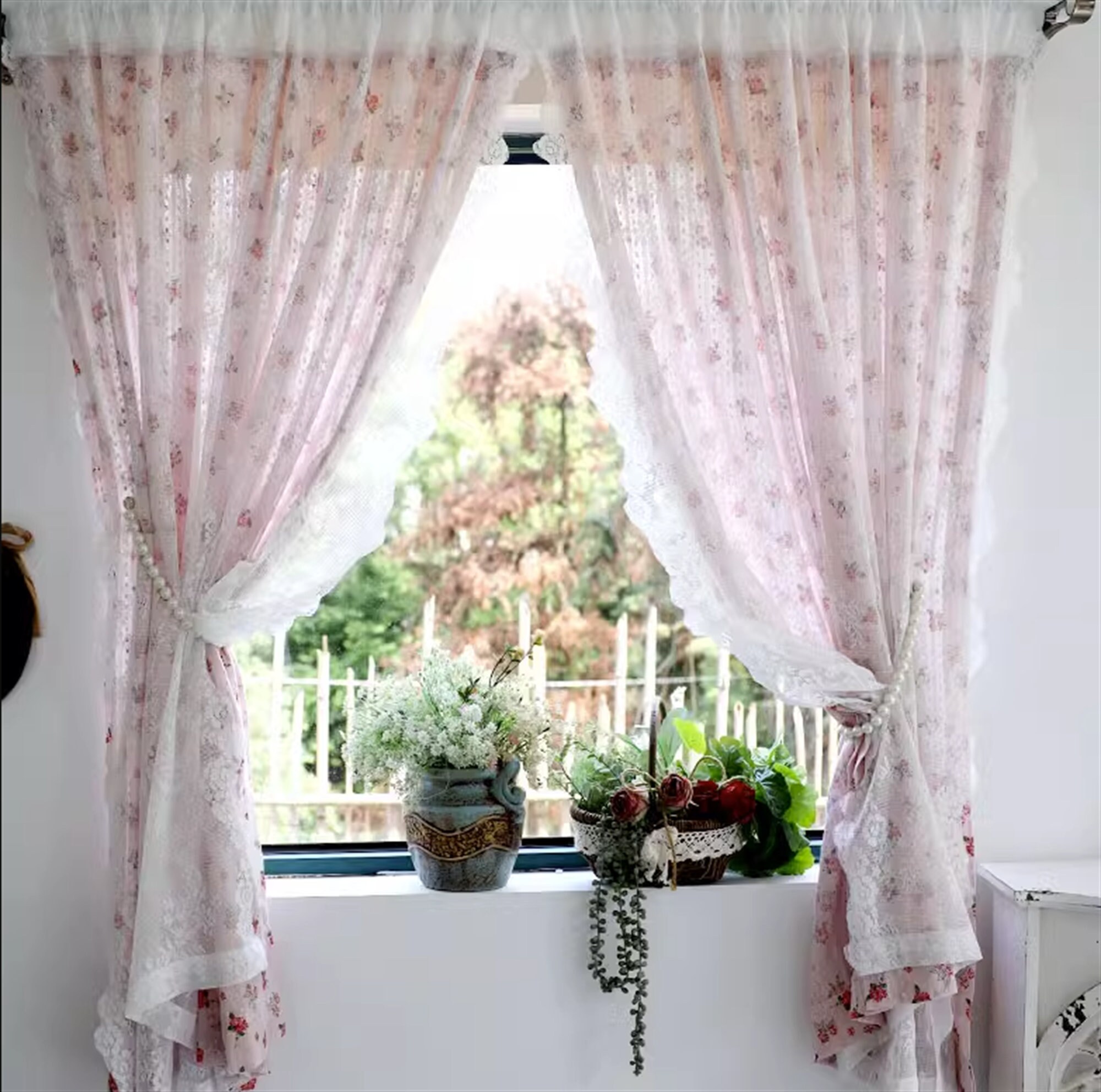 Double Layers Floral Patterns Curtains Ruffled Curtains Etsy Portugal